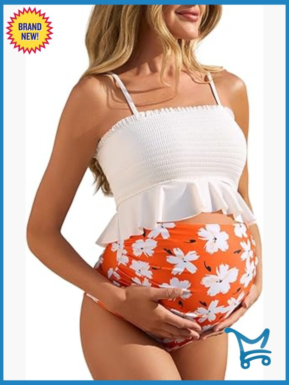 Maternity High Waist Ruffle Hem Bikini Set Shirred Bandeau Two Piece Swimwear